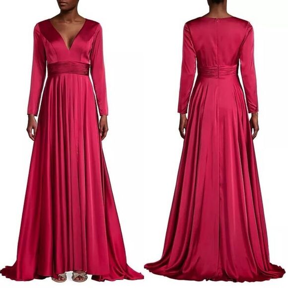 Ieena for Mac Duggal Red Long Sleeve Ruched Waist A-Line Gown Maxi Dress 10 NEW - Picture 3 of 13